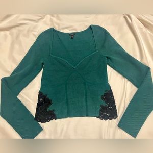Express women’s body contour emerald green knit sweater with black lace detail